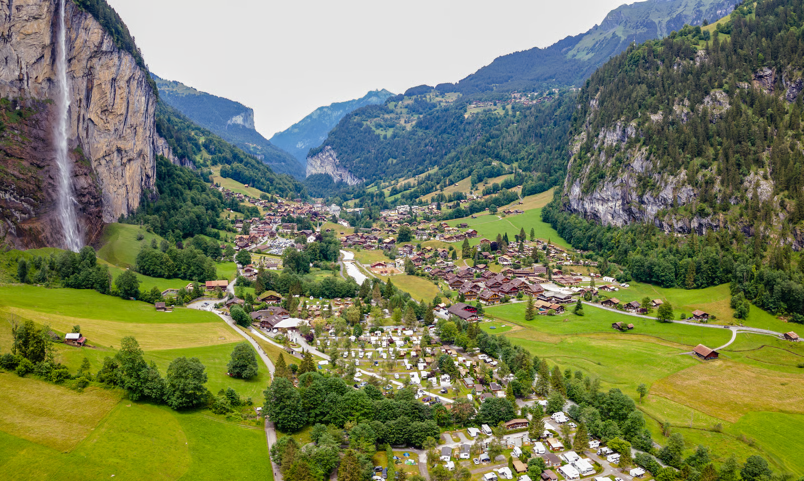 Panoramic view of Lauterbrunnen Valley and Staubbach Falls, Switzerland